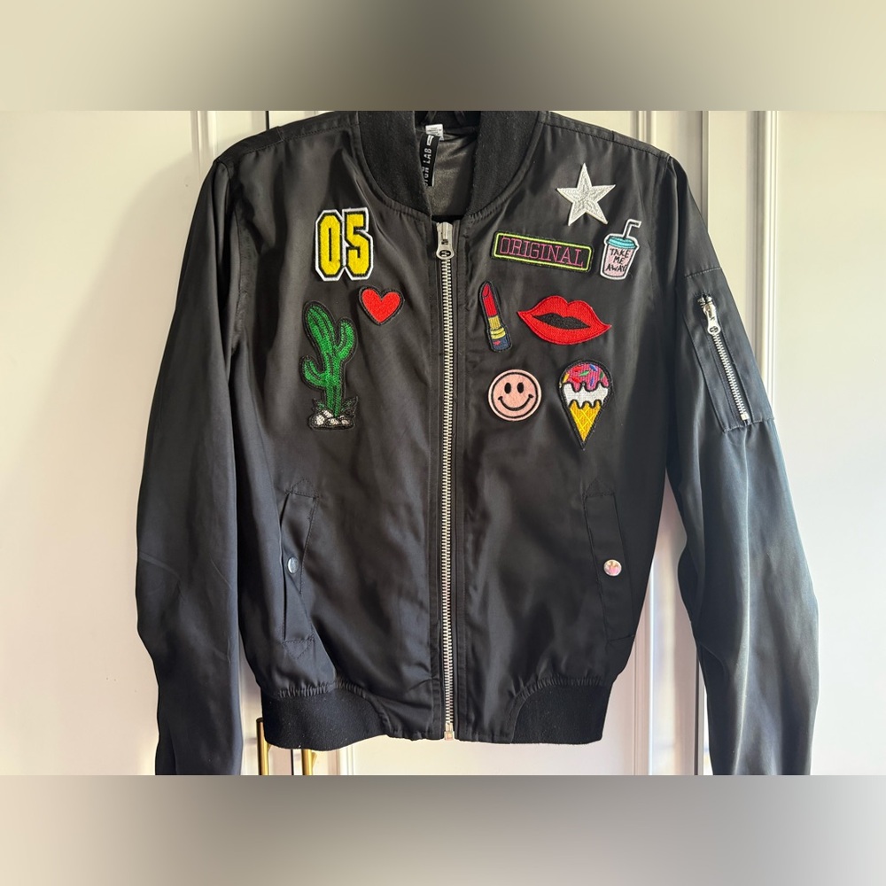 Design Lab Lord & Taylor Black Bomber Jacket with Colorful Patches